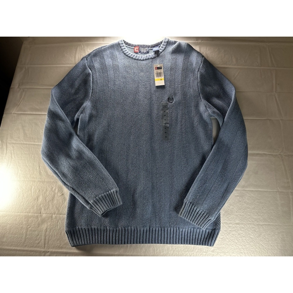 Chaps Knit Sweater Mens Medium Blue‎ Crewneck Cotton NWT Preppy Pullover
